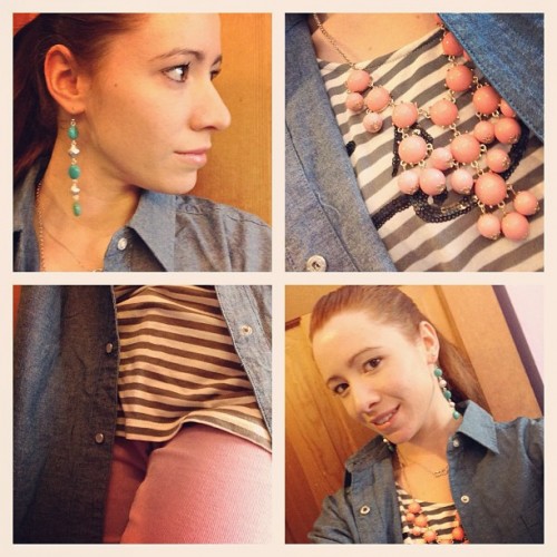 today's outfit: stripes, chambray and coral