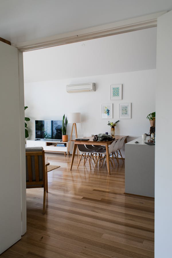 Bright and airy living space with minimalist decor and wooden flooring.