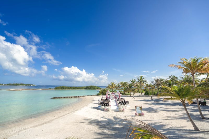 Beautiful beach wedding setup with palm trees under a vibrant blue sky, perfect for a tropical celebration.