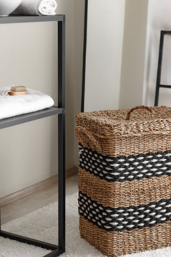 Elegant woven laundry basket in a modern bathroom interior, showcasing minimalist design and stylish details.